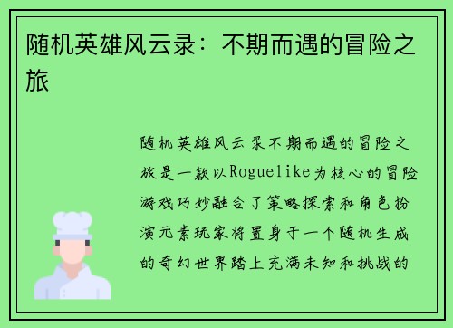 随机英雄风云录：不期而遇的冒险之旅
