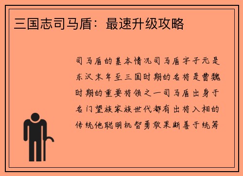 三国志司马盾：最速升级攻略